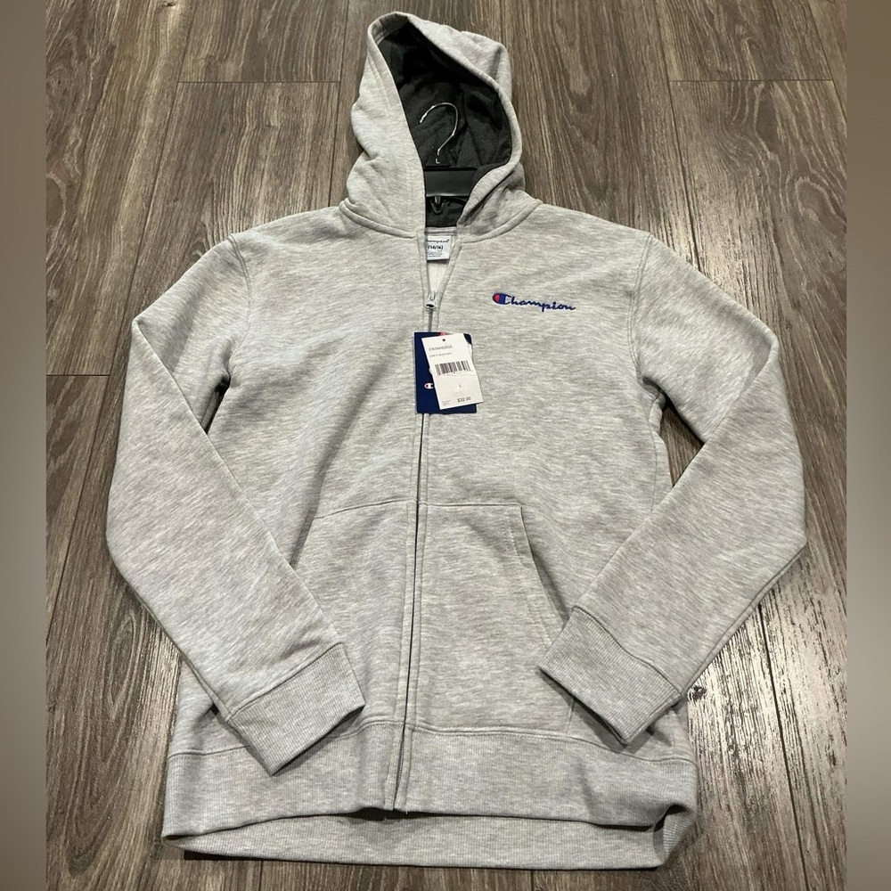 New Champion Light Gray Full-Zip Hoodie with Script Logo